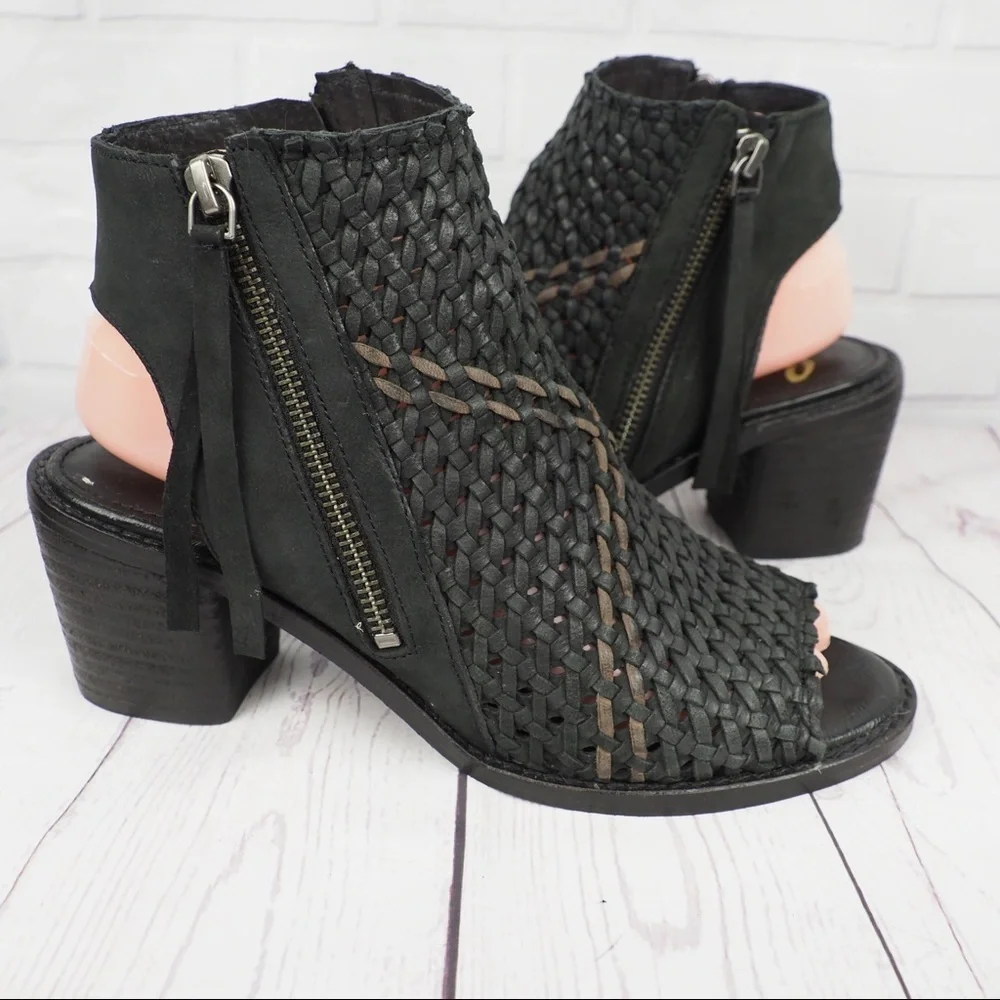 Sam Edelman Cooper 7 black woven leather peeptoe booties